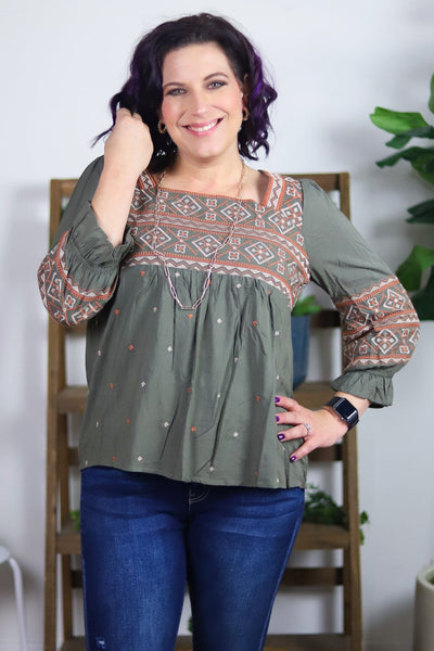 Olive Aztec Embroidery Babydoll Top