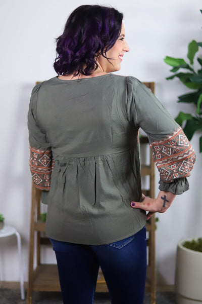 Olive Aztec Embroidery Babydoll Top