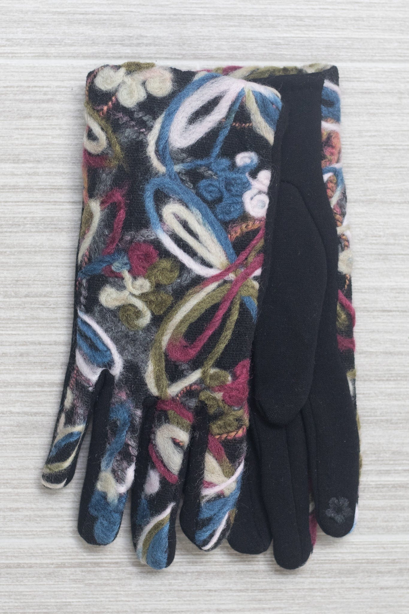 Blue Multi Yarn Floral Gloves
