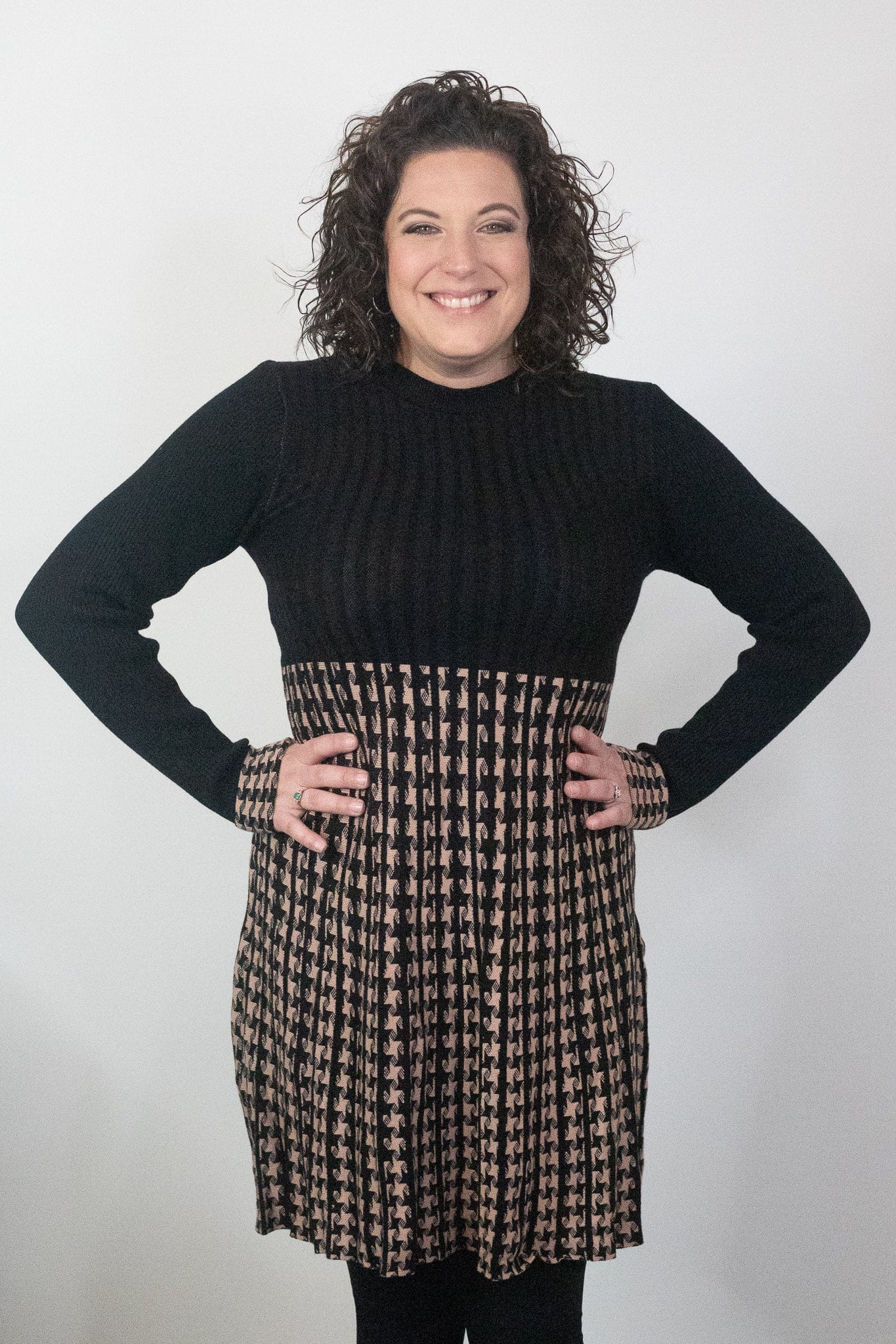 Camel Ribbed Dress with Houndstooth Skirt
