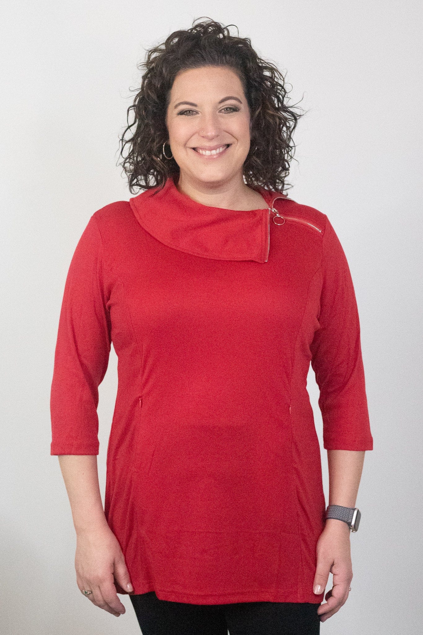 red cowl neck top