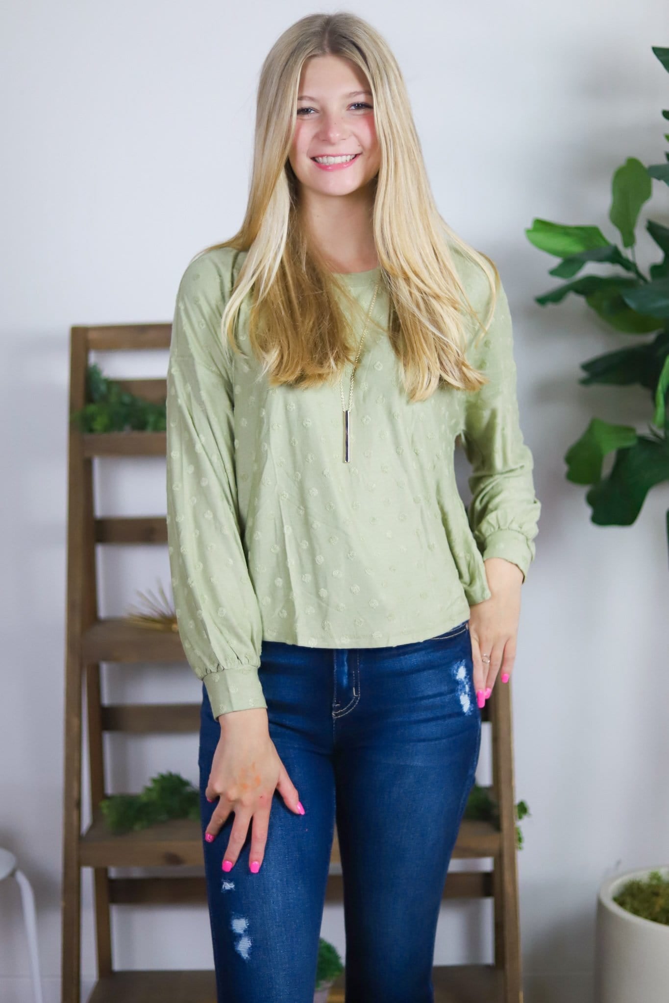 Olive Dotted Cozy Long Sleeve Top