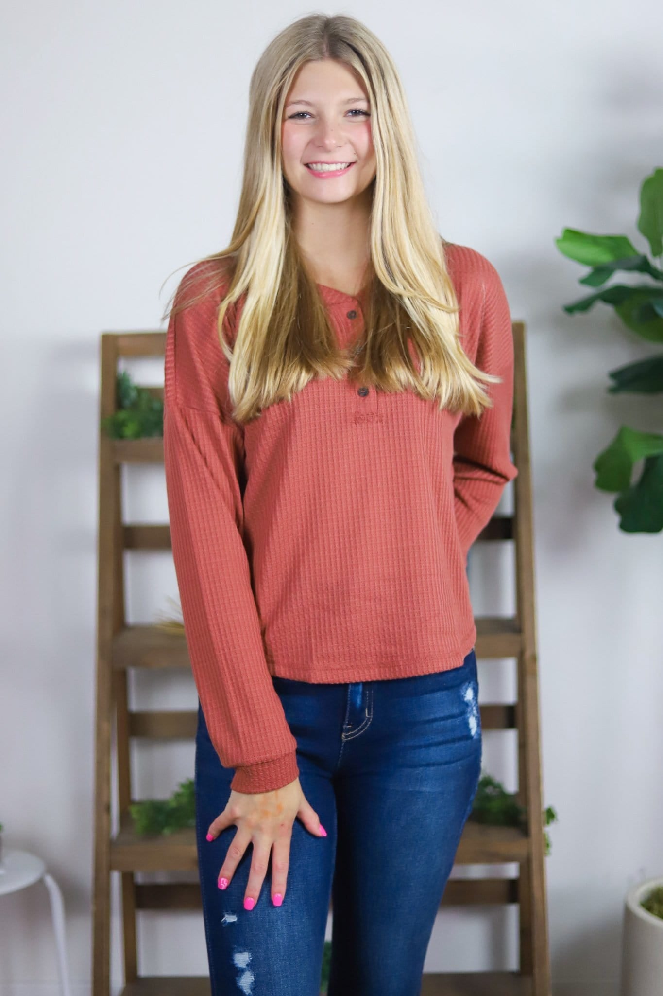 Terracotta Waffle Long Sleeve Top