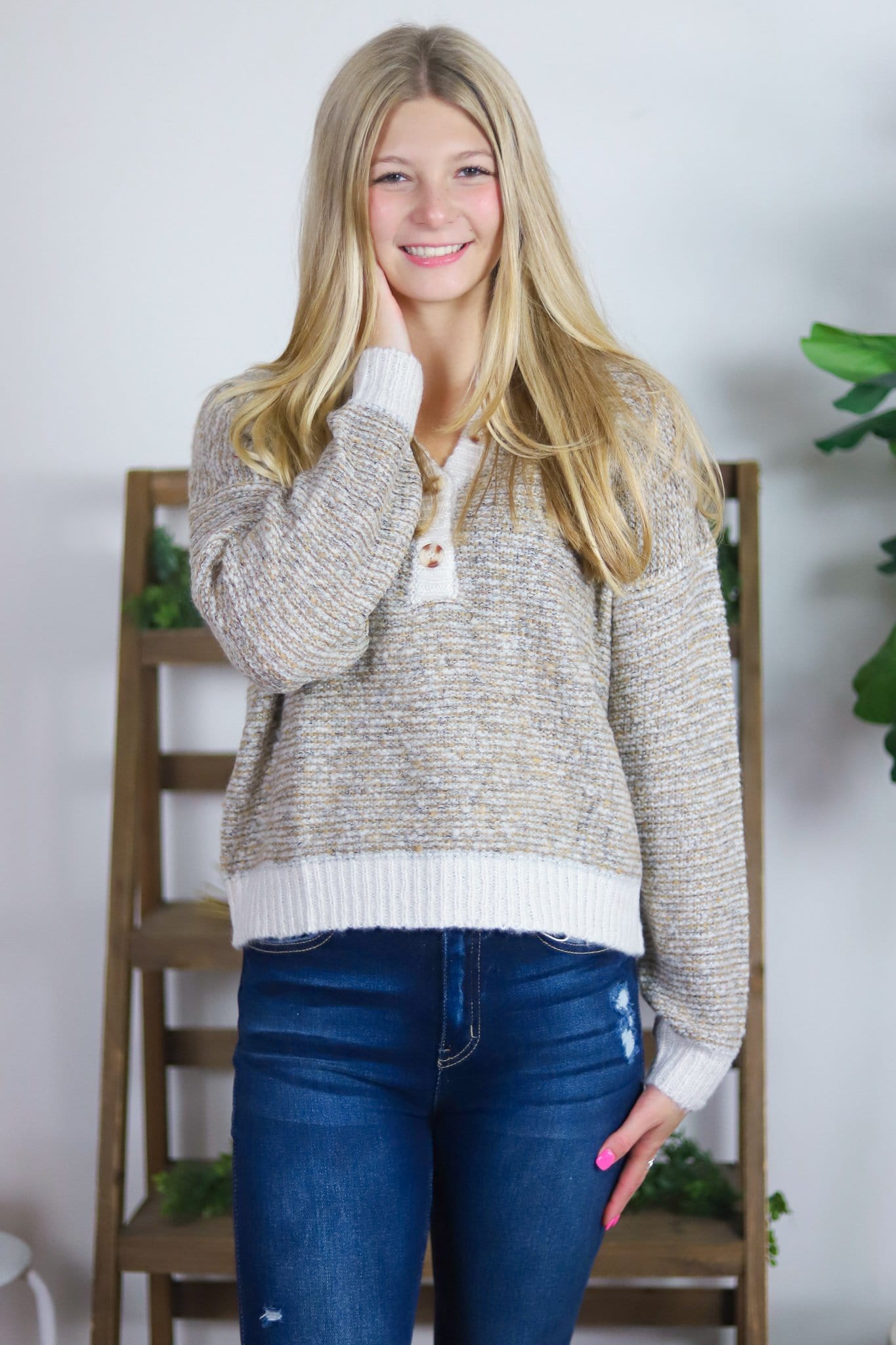 Marled Pullover Henley Sweater