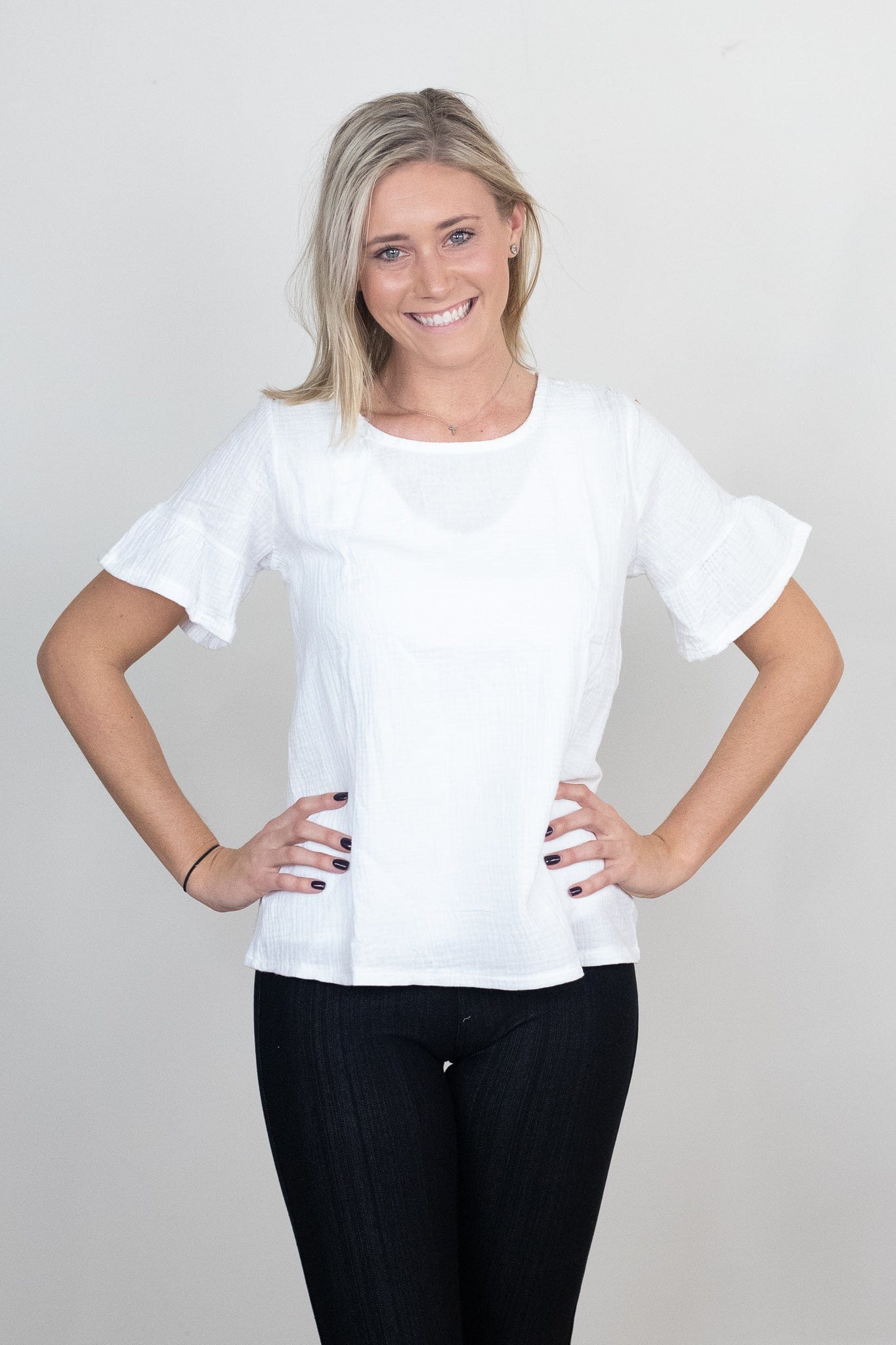white ruffle sleeve top