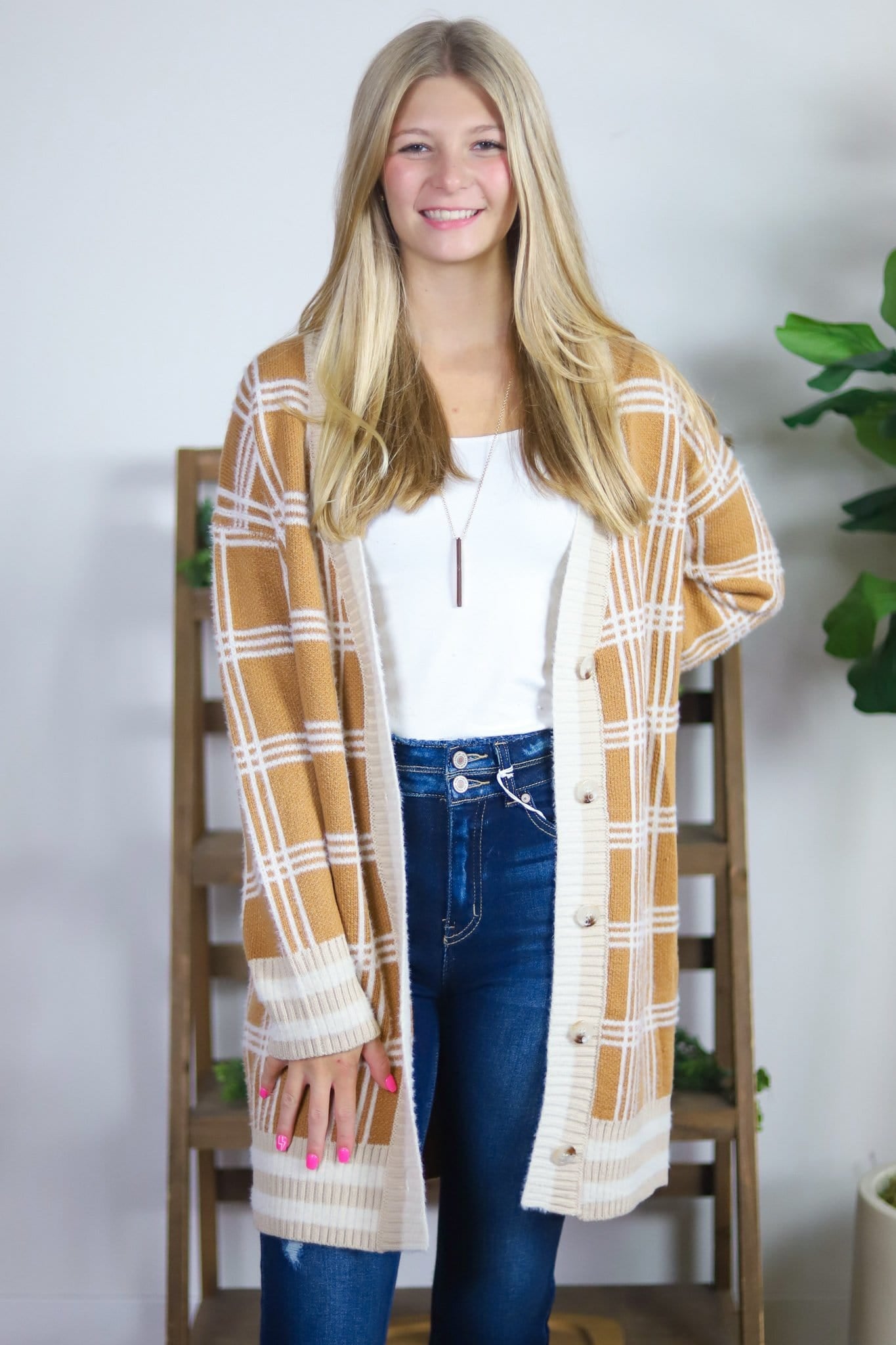Checker Button Boyfriend Cardigan