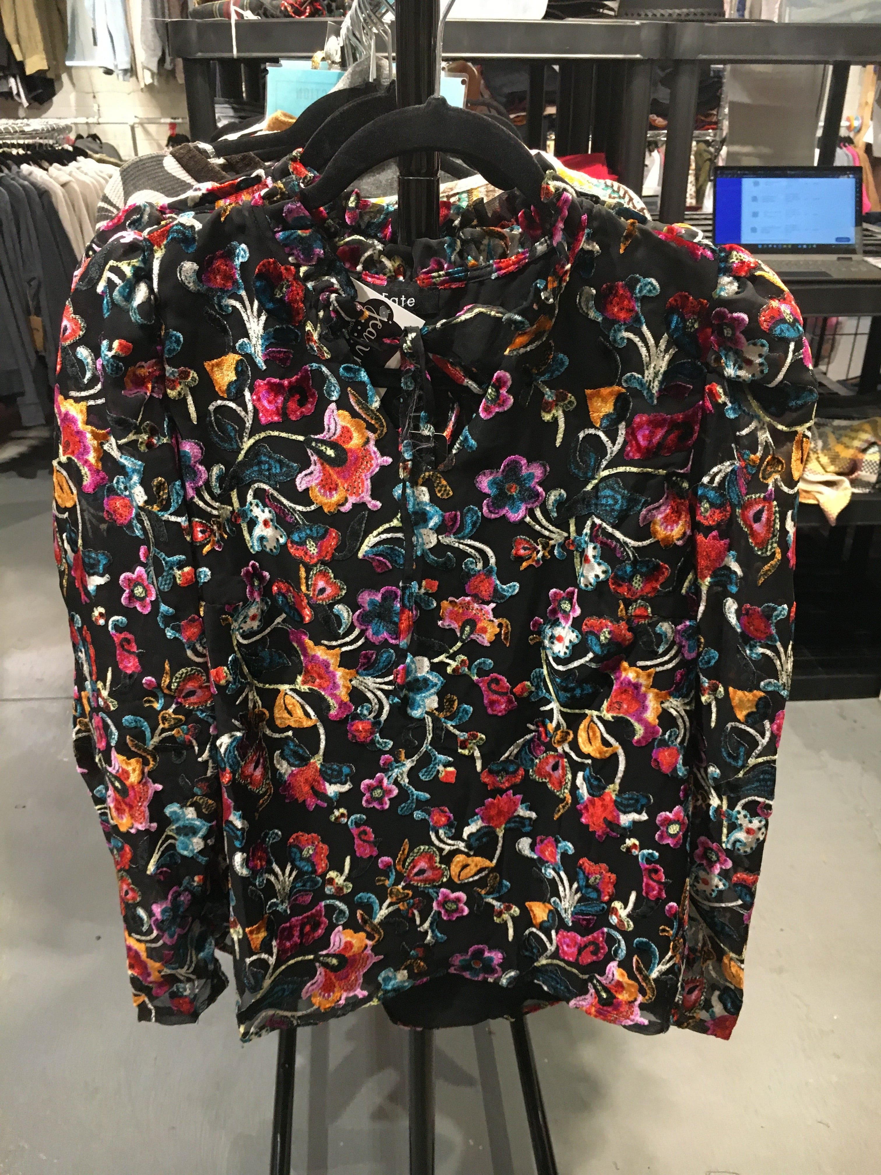 Black Multi Velvet Split Neck Blouse