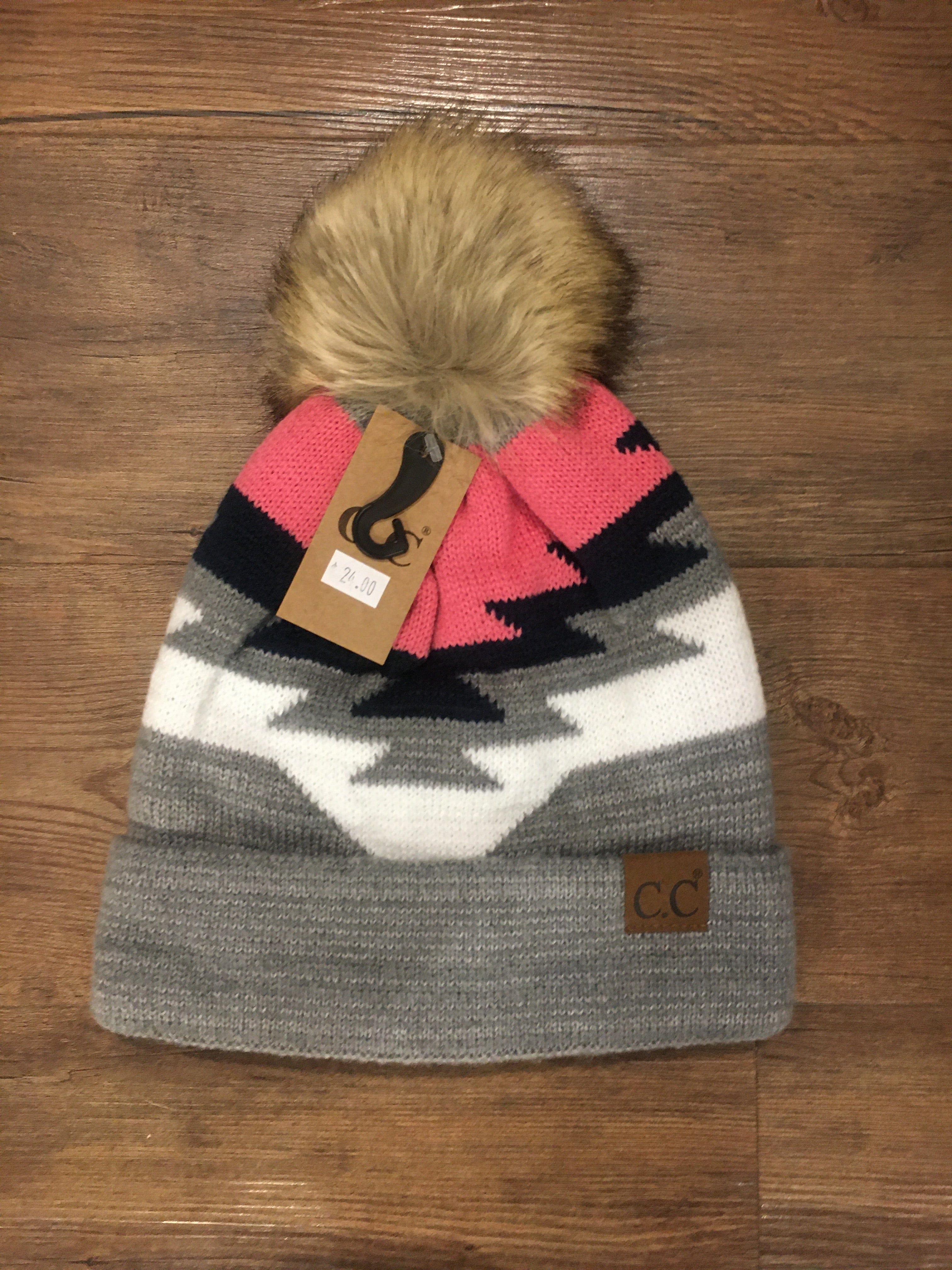 Light Grey Aztec Pattern Beanie W/ Pom