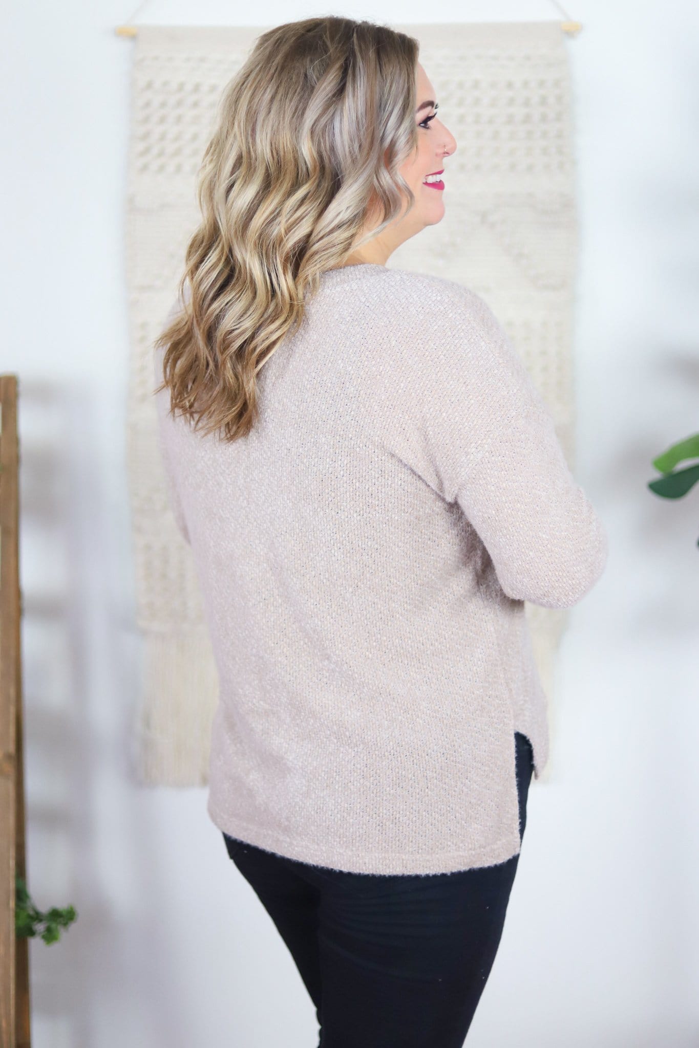 tan soft sweater side and back