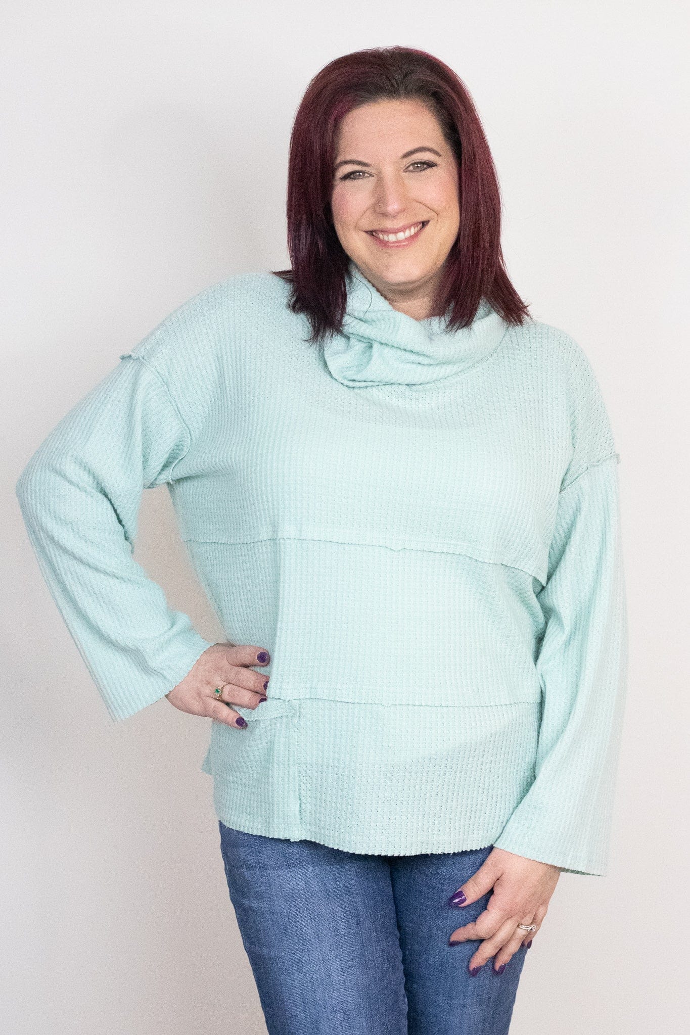 Sage Waffle Cowl Top