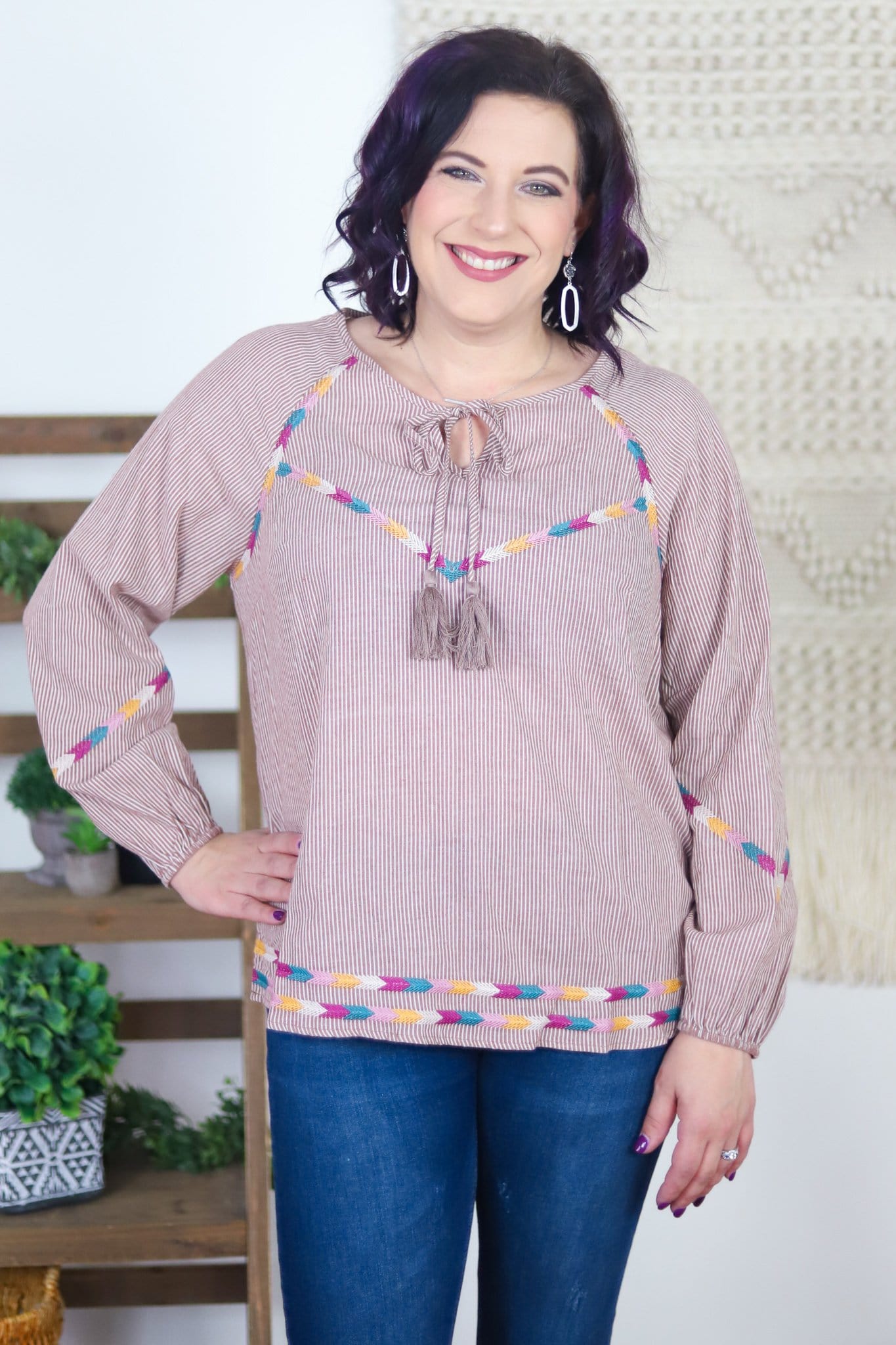 rust blouse colorful stitched pattern 