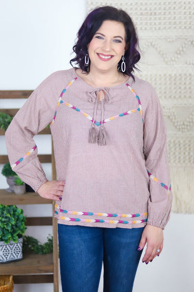rust blouse colorful stitched pattern 