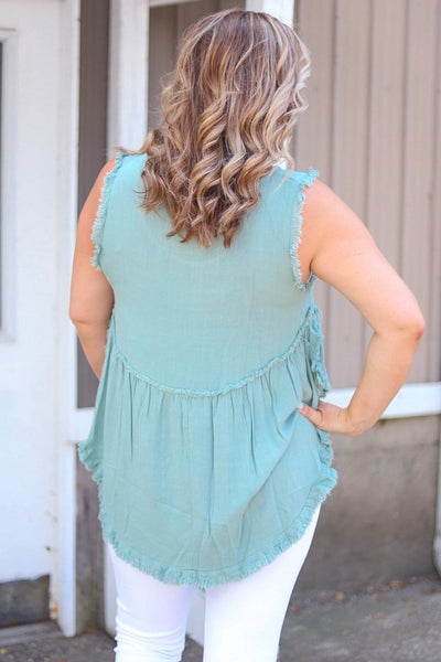Dusty Mint Frayed Hi-Low Ruffle Tank