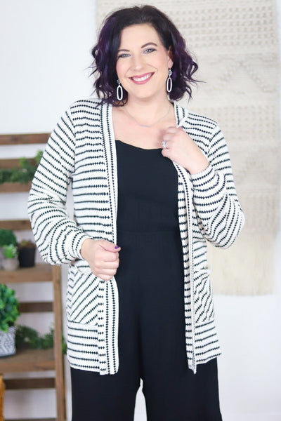 simple textured white and black stripe cardigan 
