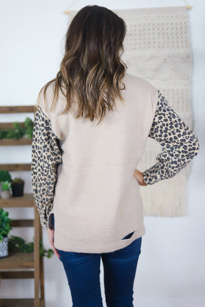tan body leopard sleeves sweater back