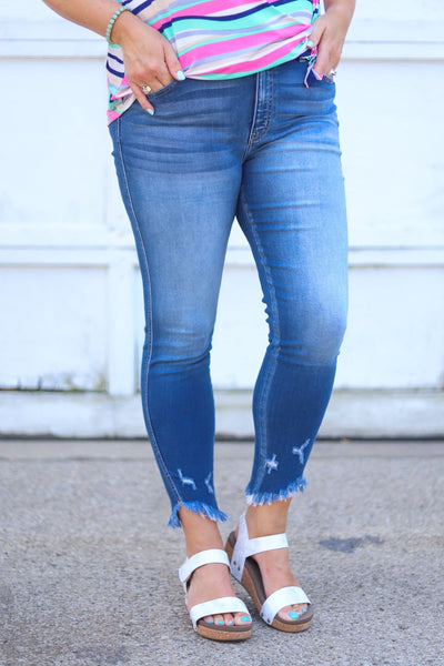 High Rise Twist Frayed Hem Ankle Skinny Denim