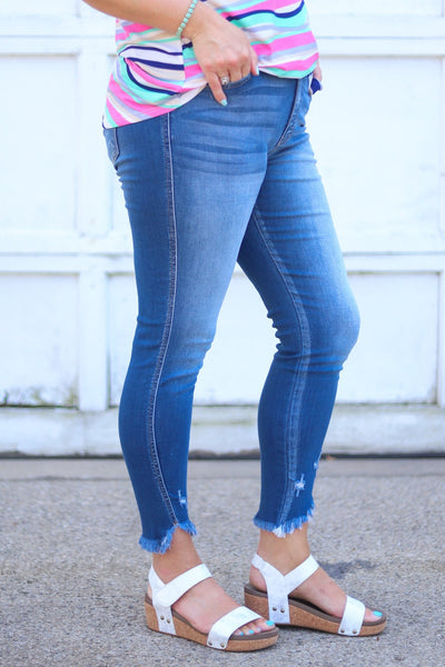 High Rise Twist Frayed Hem Ankle Skinny Denim