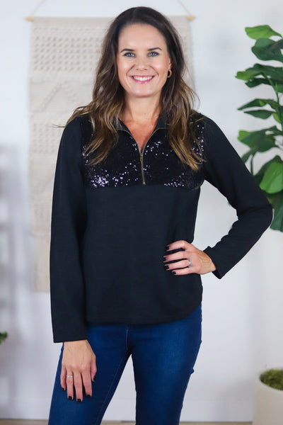 black sequin popover with quarter zip