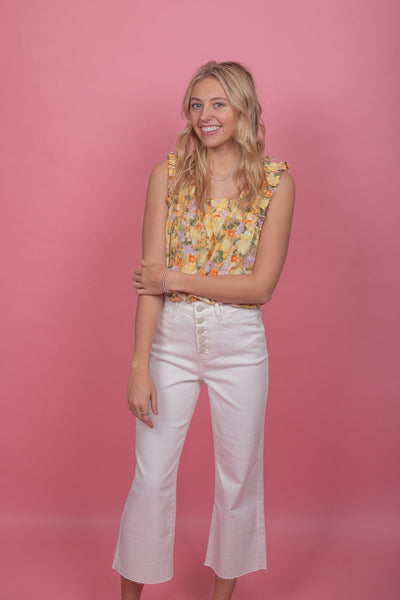 White Button Crop Wide Leg Pants