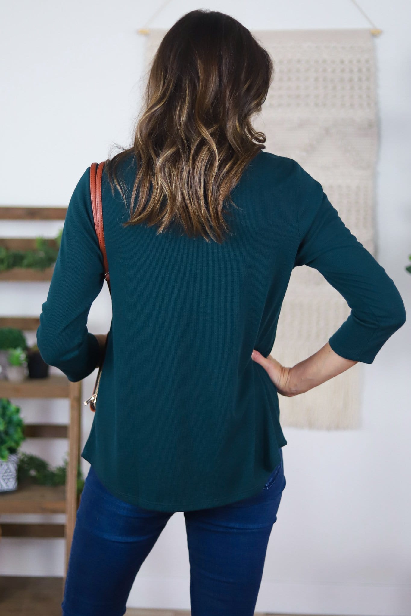 back of blue teal henley shirt 