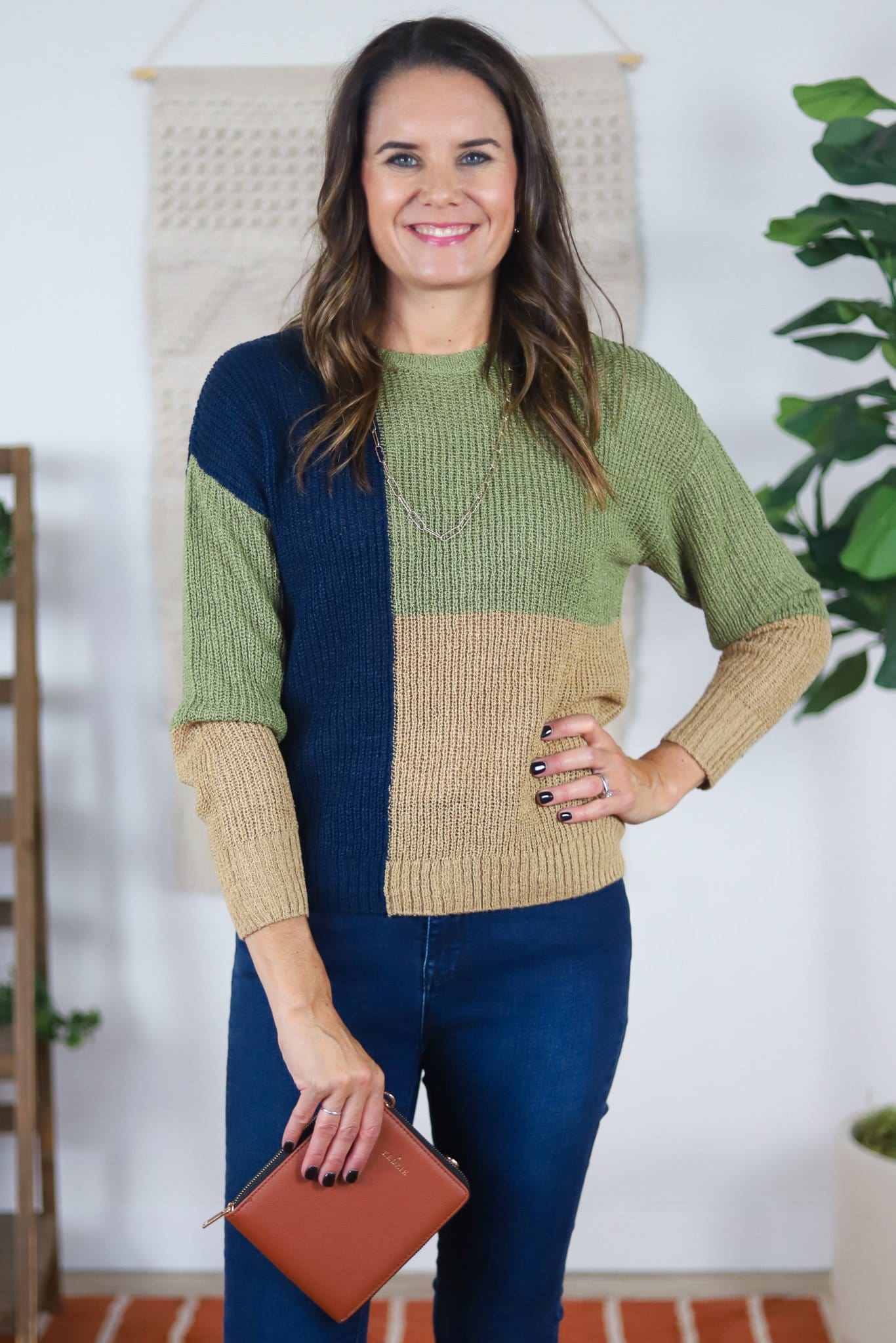 green blue and tan knit sweater