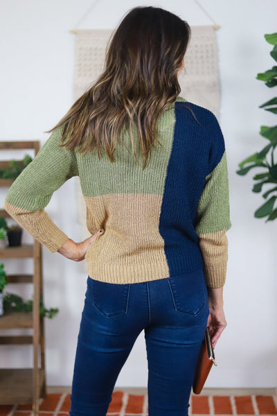 green blue and tan color blocked knit sweater
