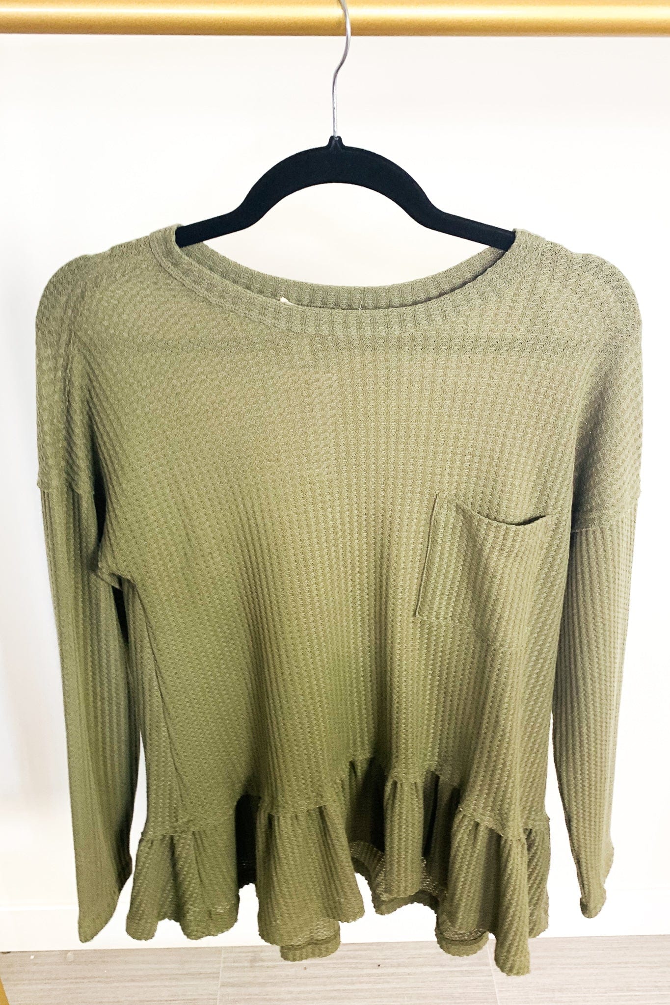 Olive Waffle Knit Pocket Ruffle Hem Top