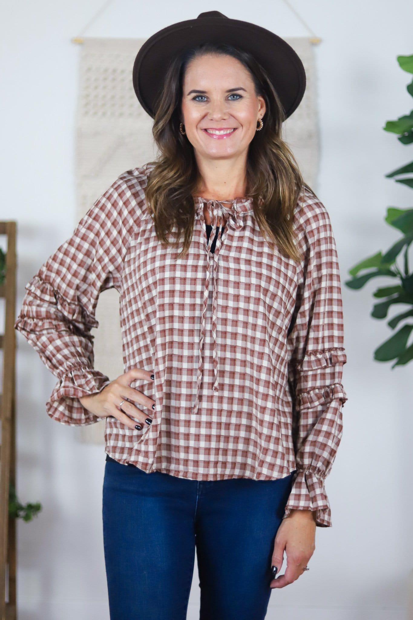 ruffled sleeve tied front blouse red pattern