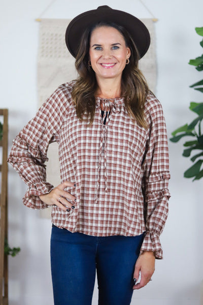 ruffled sleeve tied front blouse red pattern