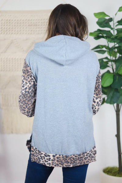 back of blue and grey leopard print hoodie 