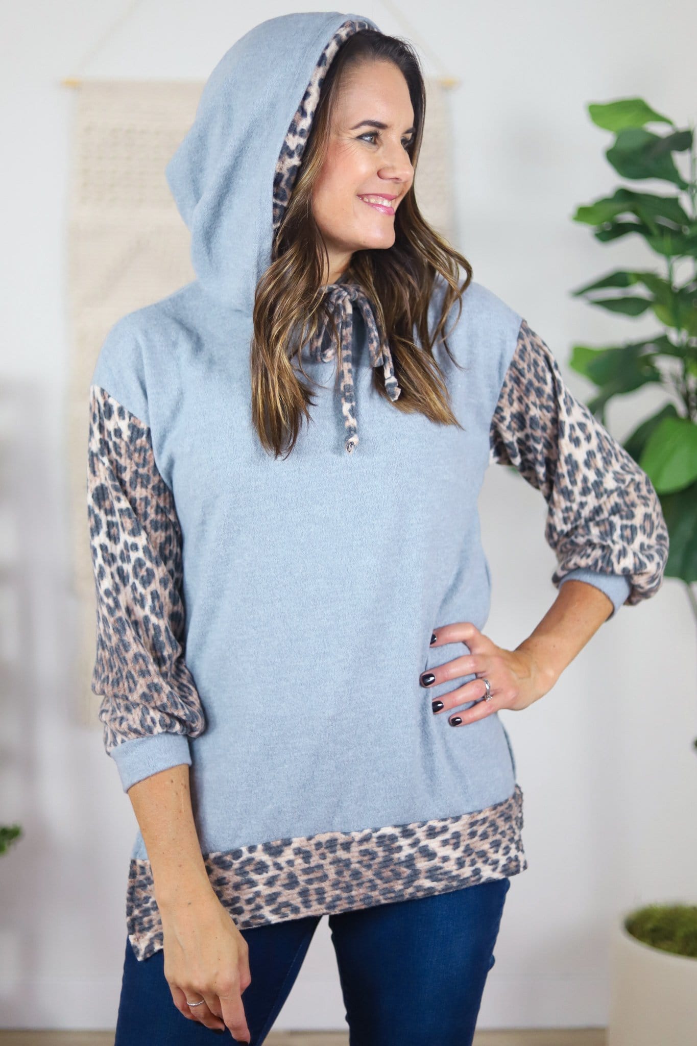 blue grey hoodie with leopard print 