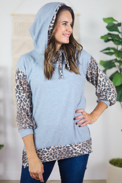 blue grey hoodie with leopard print 