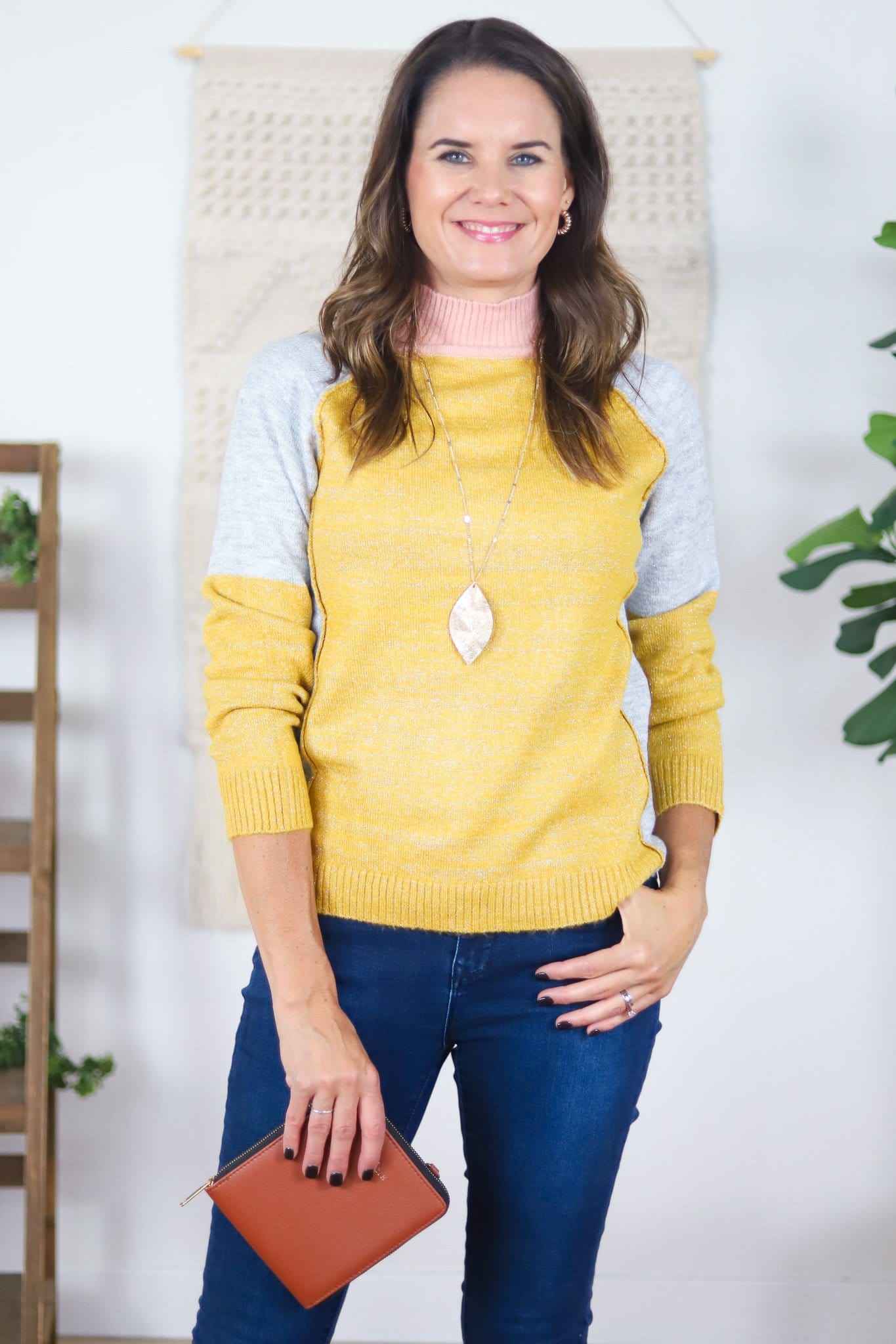Yellow grey and pink sweater 