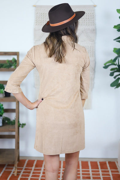 tan ruffled neck dress back