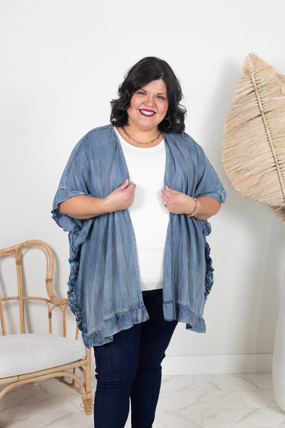 Washed Denim Ruffle Kimono