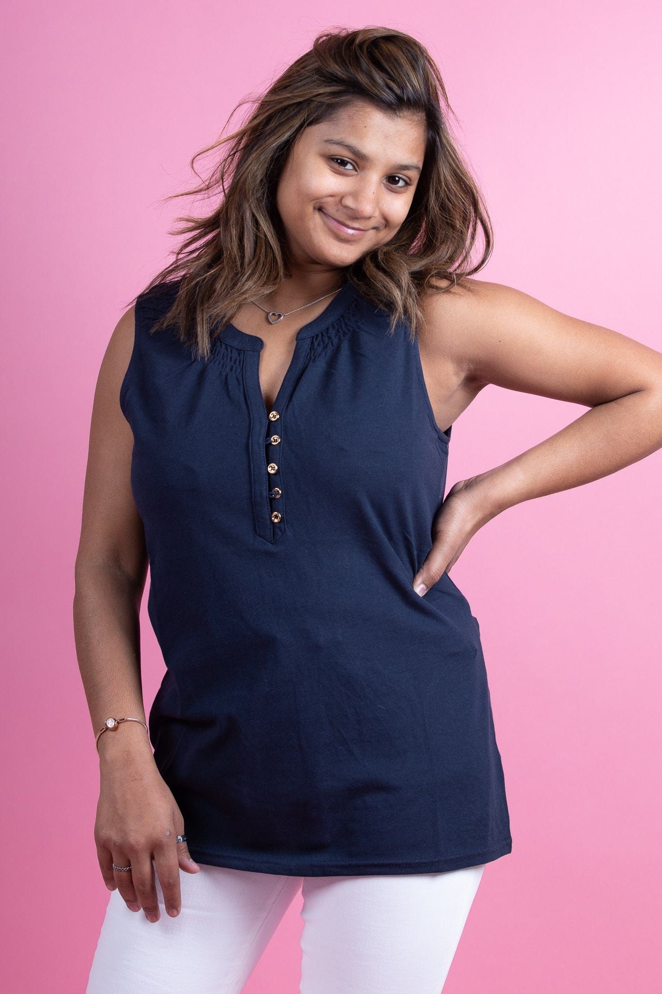 Navy Ruth Smocked Neckline Top