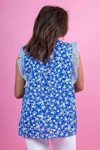 Floral Delft Ruffle Cap Sleeve Top
