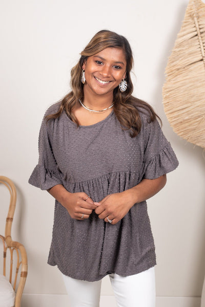 Charcoal Babydoll Ruffle Sleeve Top