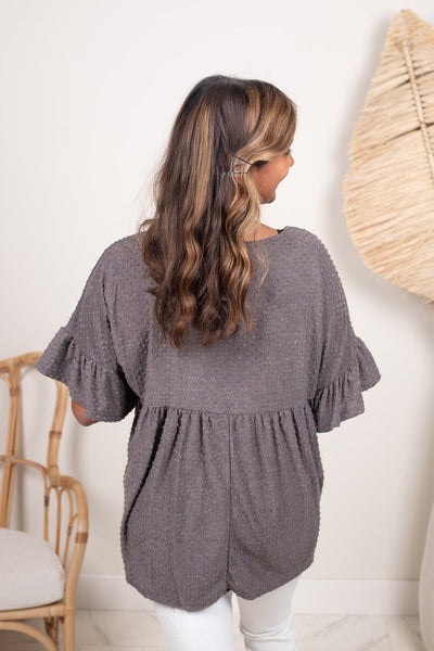 Charcoal Babydoll Ruffle Sleeve Top