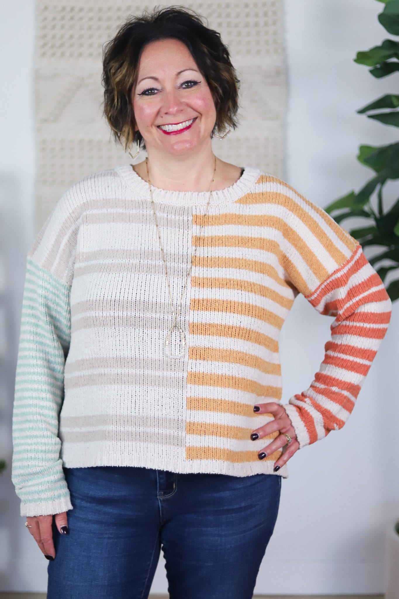 blue grey yellow red stripe sweater
