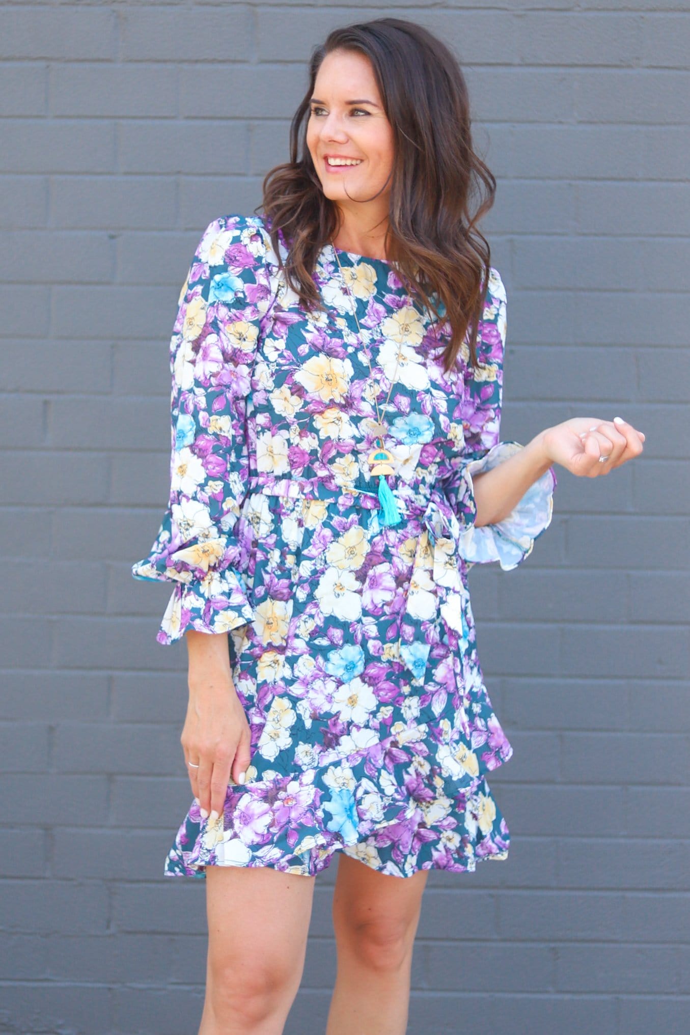 Teal Floral Ruffle Hem Dress