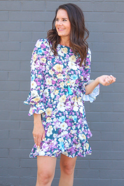 Teal Floral Ruffle Hem Dress