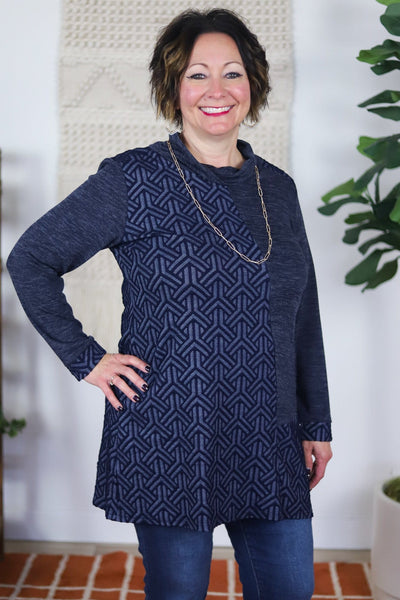 Dark blue cowl neck sweater with geometric pattern