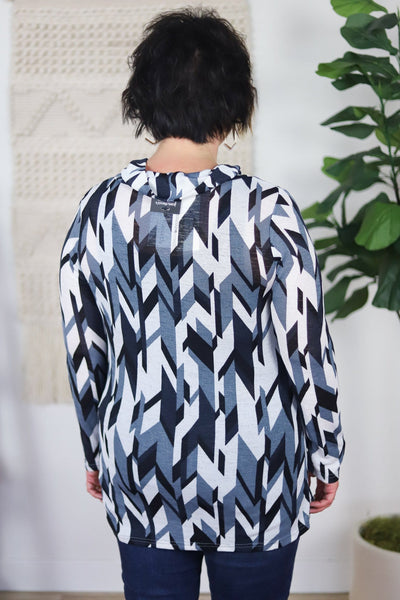 white, dark blue, light blue, cowl neck blouse