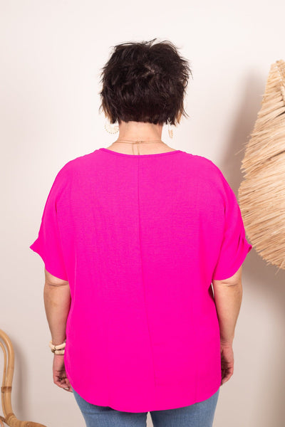 Hot Pink V-Neck Basic Blouse