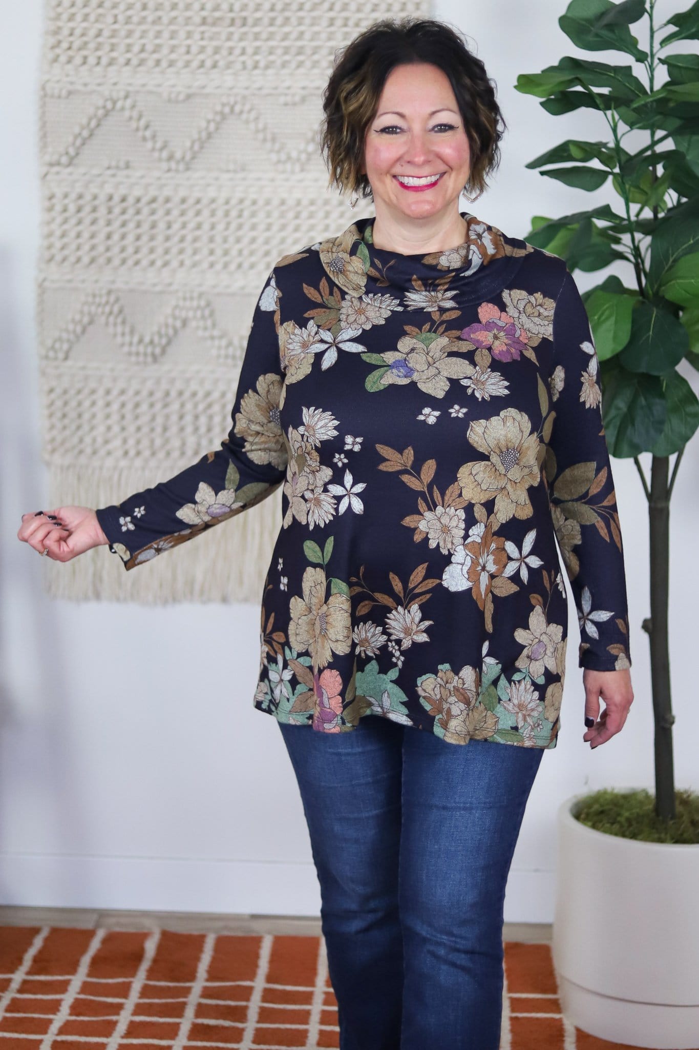 dark blouse with vintage floral pattern