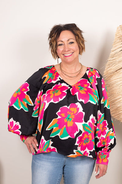 Bright Pink Floral Black Blouse