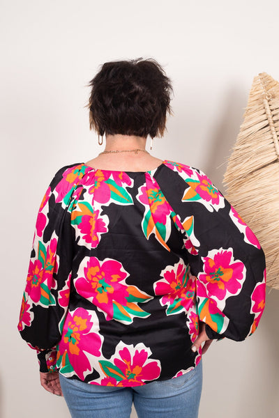 Bright Pink Floral Black Blouse
