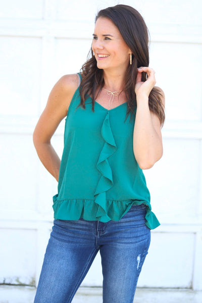 Hunter Green Waterfall Ruffle Tank