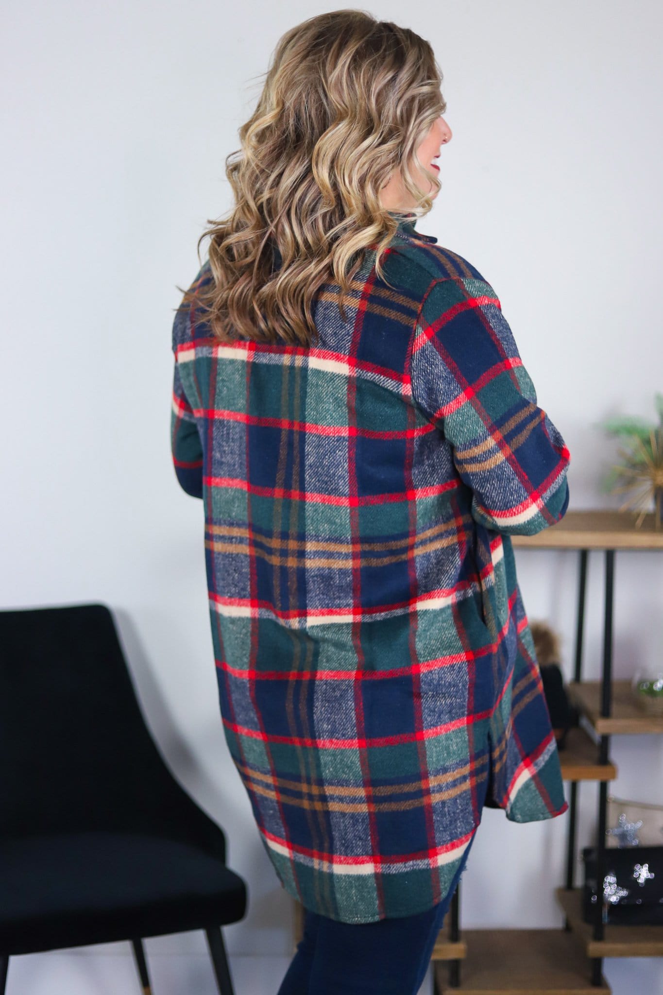 red blue and green flannel pattern holiday shacket 